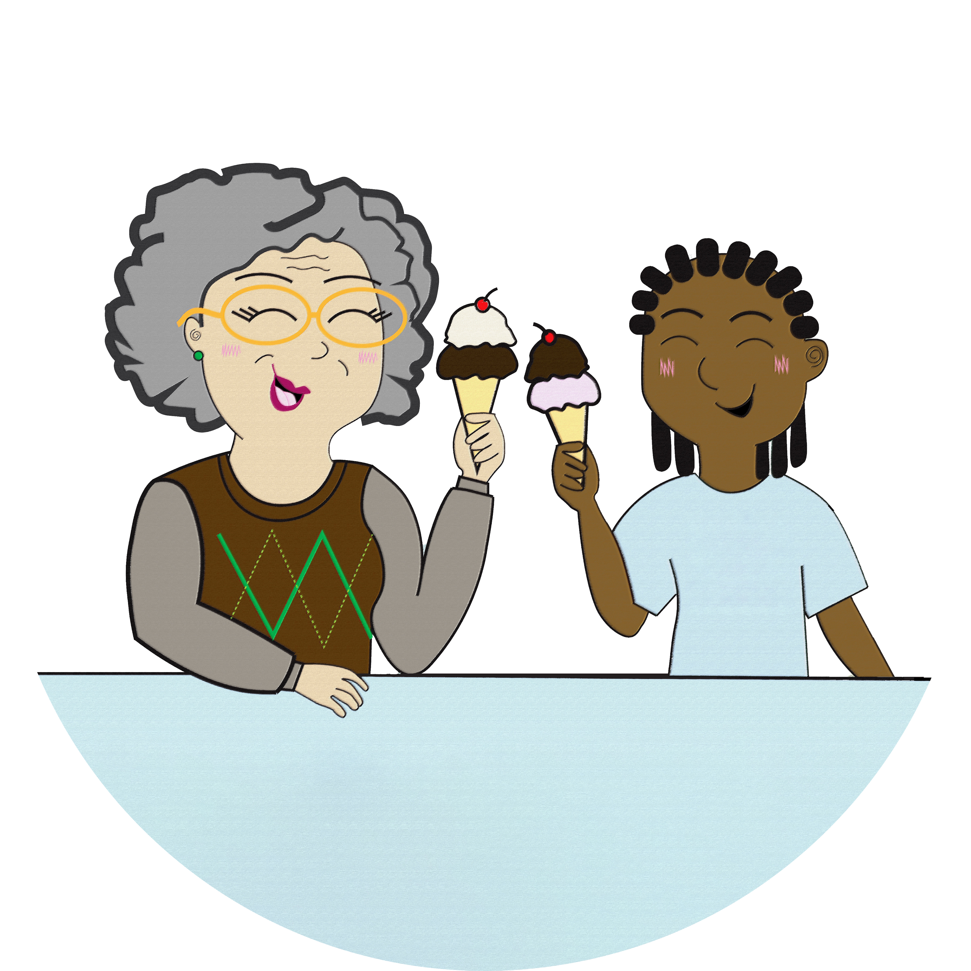 A drawing of an older woman and a young boy enjoying ice cream cones together.